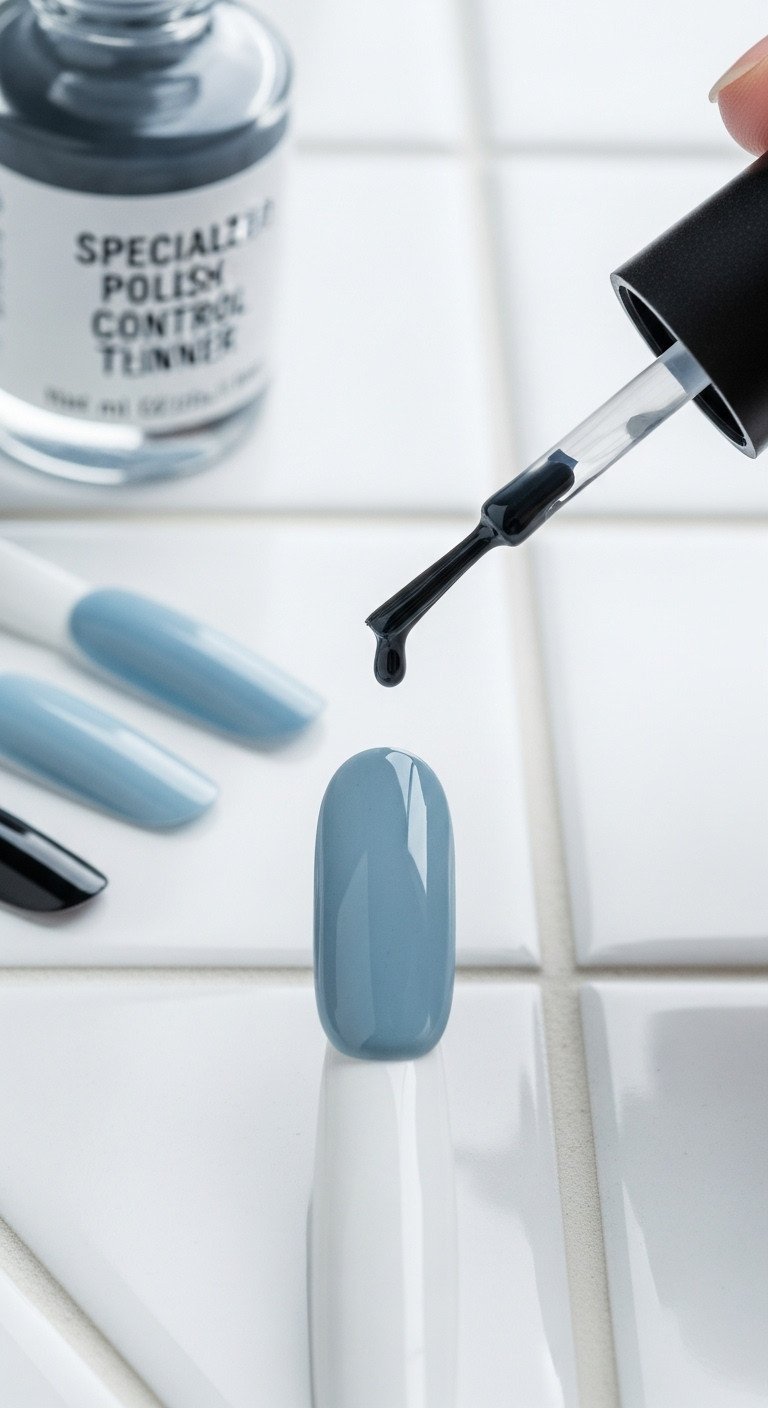 Professional detail brush with black polish bead, perfect viscosity for fine line work on white ceramic tile. Thinner bottle.