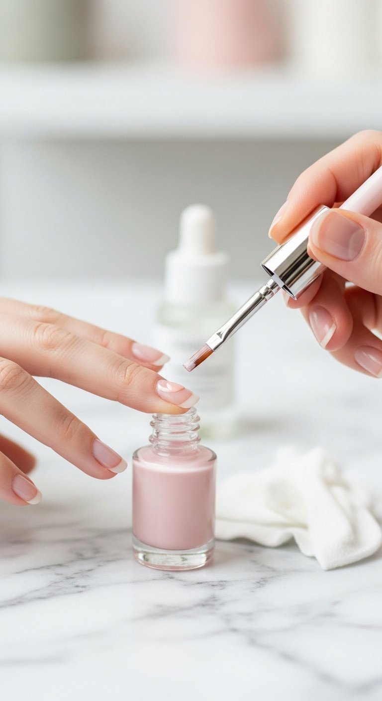 Professional manicure: close-up of clear base coat on clean nail, brush capping tip. Marble counter, cuticle oil, dehydrator wipe.