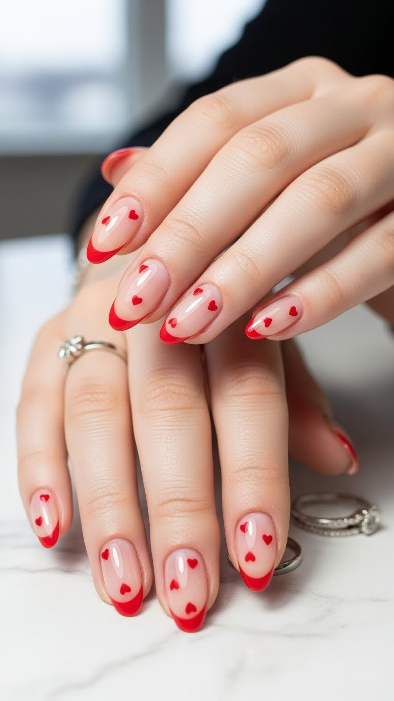 Professional short almond nails, sheer nude base with tiny red heart decals on white marble. Minimalist design, ideal for lifestyle blogs.