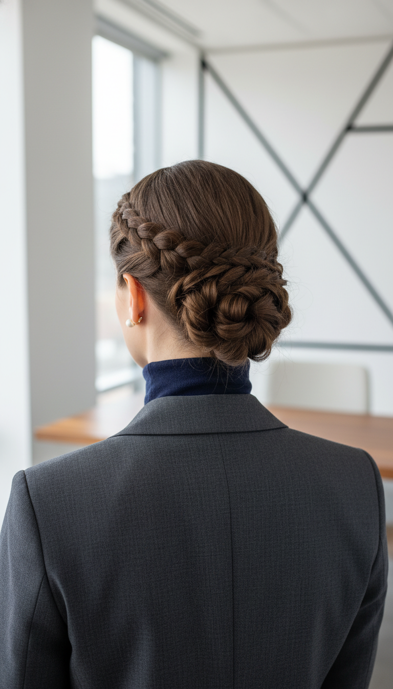 Professional winter office look: tailored suit, knit turtleneck, elegant braided updo, pearl earrings, gold bracelet.