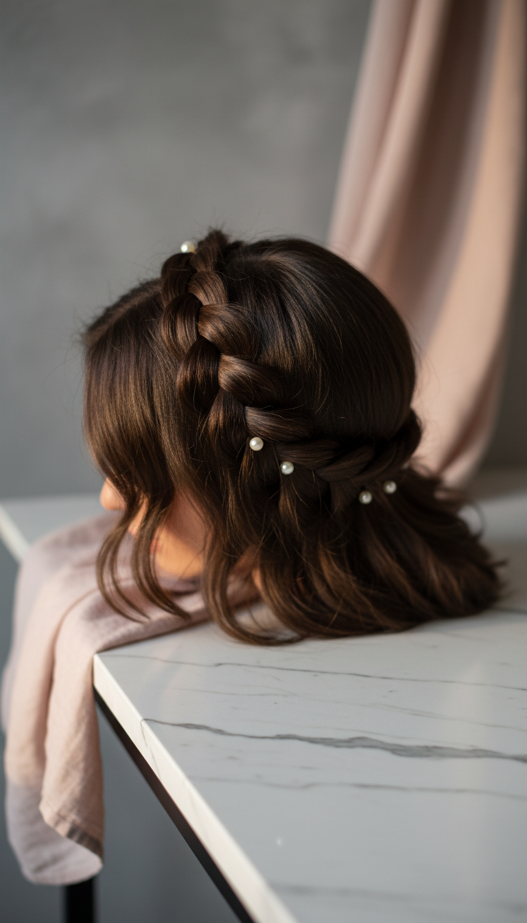 Protective halo braid on medium hair, thick crown-like braid with tucked ends and pearl pins. Elegant grays, soft pinks.