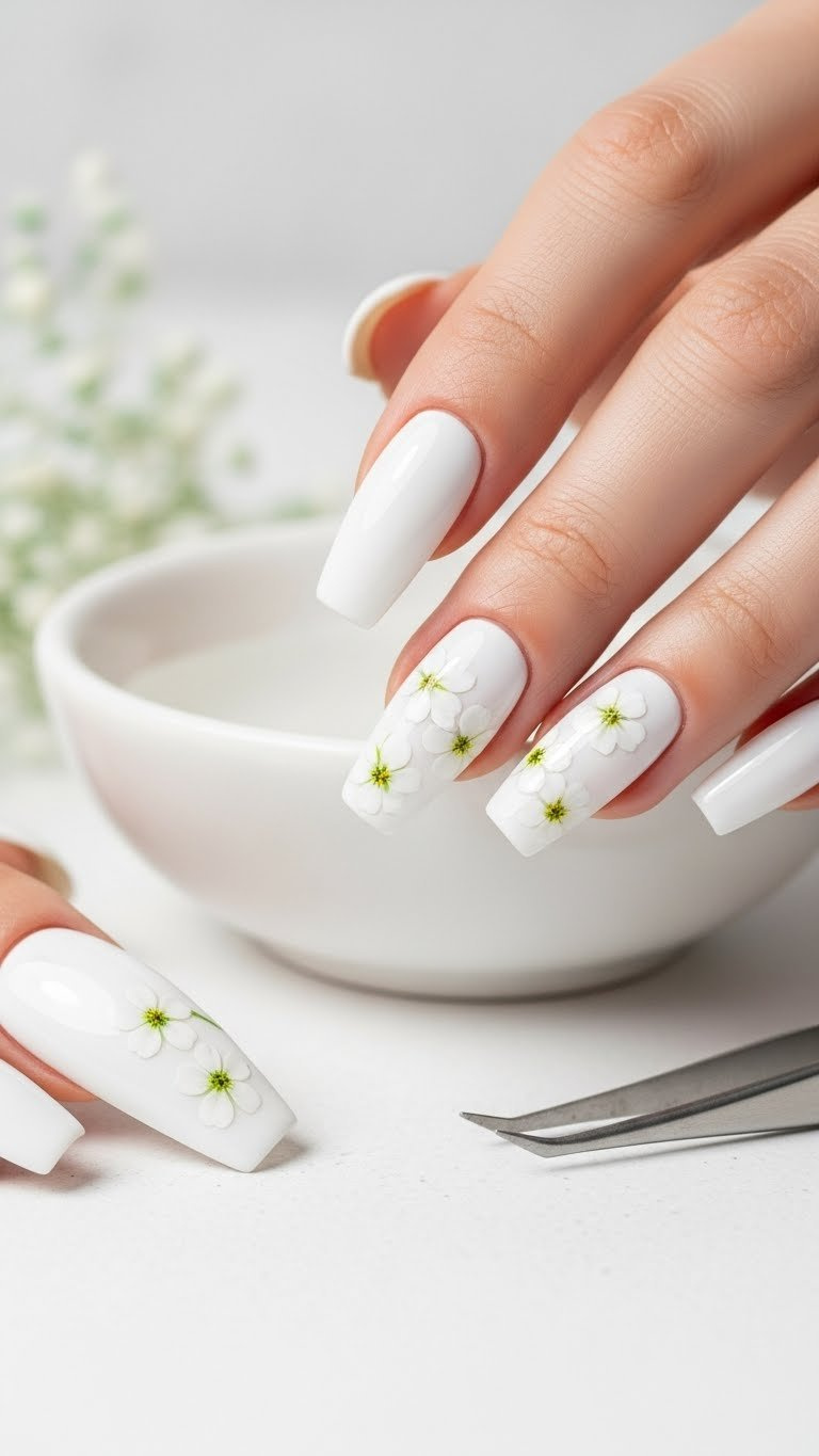 Pure white coffin nails with delicate small white flower water decals on accent nails, clean and elegant design.