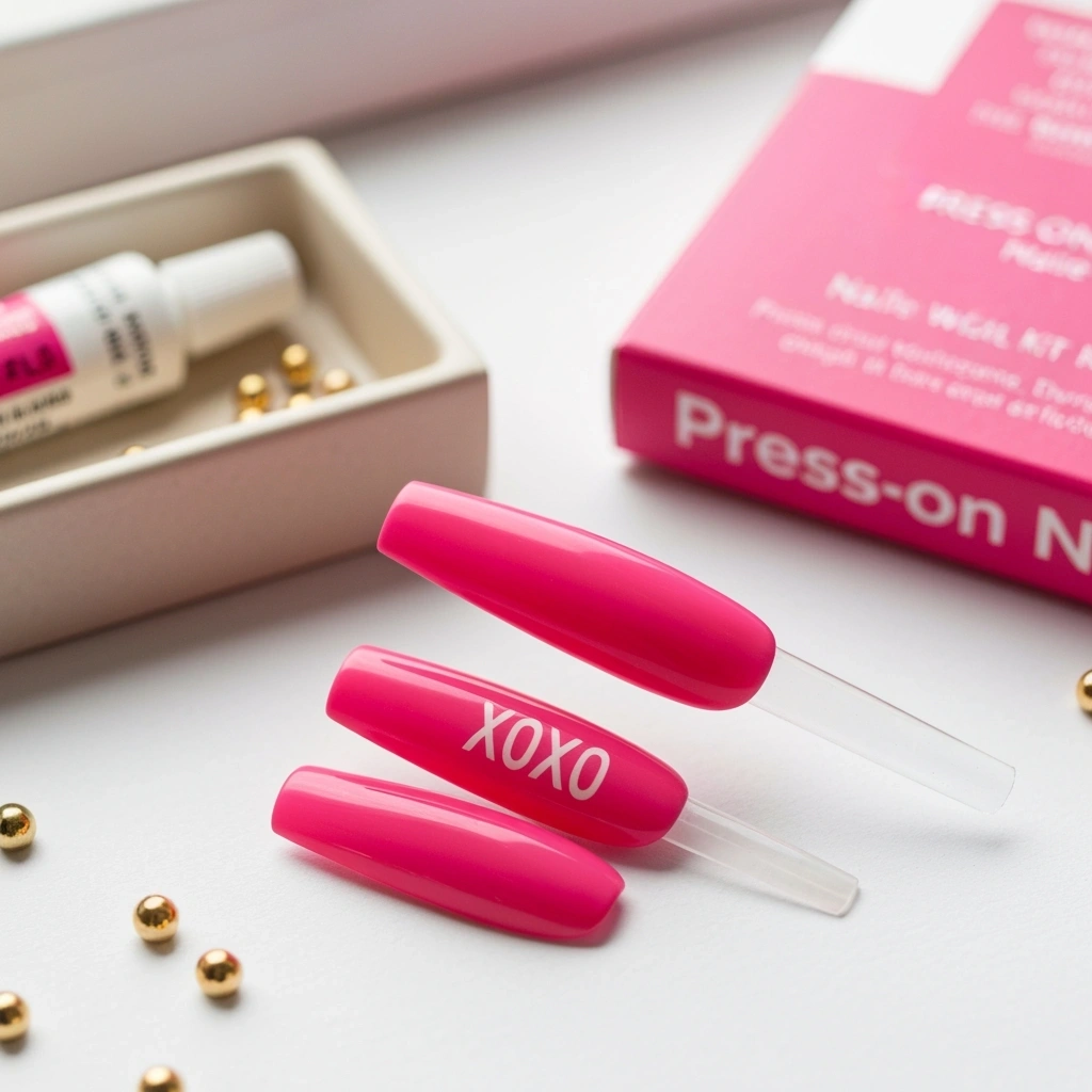 Quick Valentine nail solution: pink press-on nails with a simple white XOXO decal, medium length, DIY aesthetic.