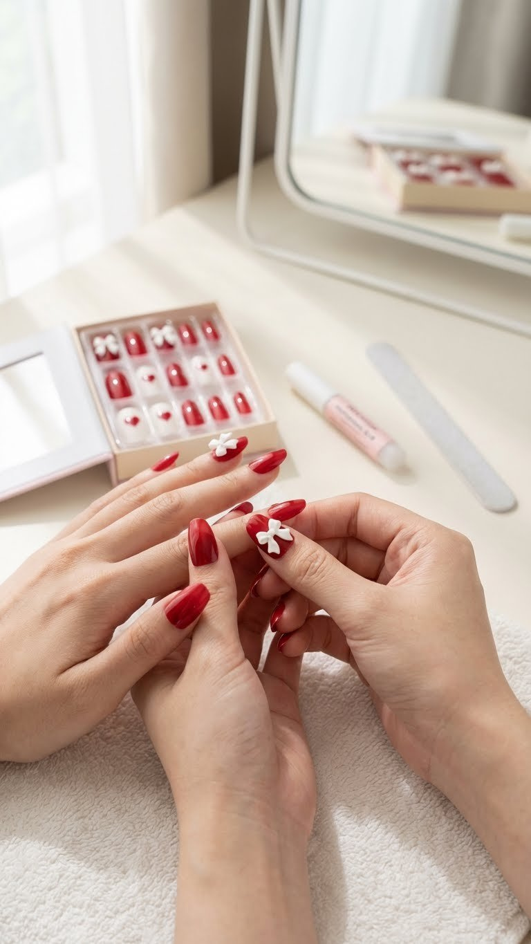 Quick glue-on press-on Valentine's Day nails with red and white heart and bow motifs, shown during application.