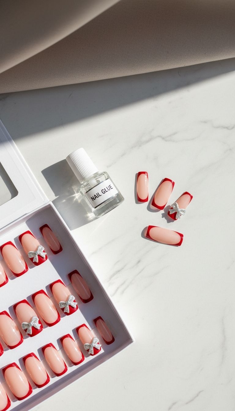 Red French tip Christmas press-on nails with 3D bows, glue & various sizes. Convenient holiday manicure kit.