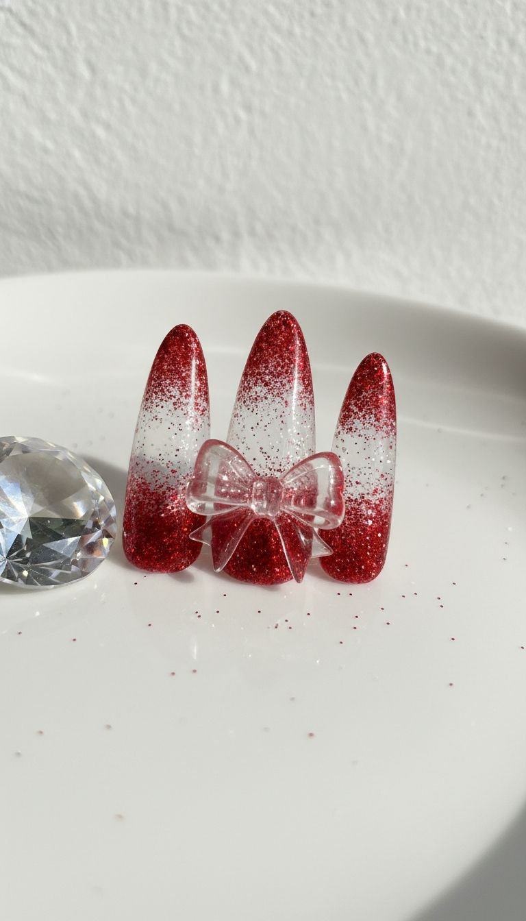 Red and white glitter ombre acrylic nails with a clear 3D bow. Sharp, shining nail art on white porcelain surface, with loose glitter.