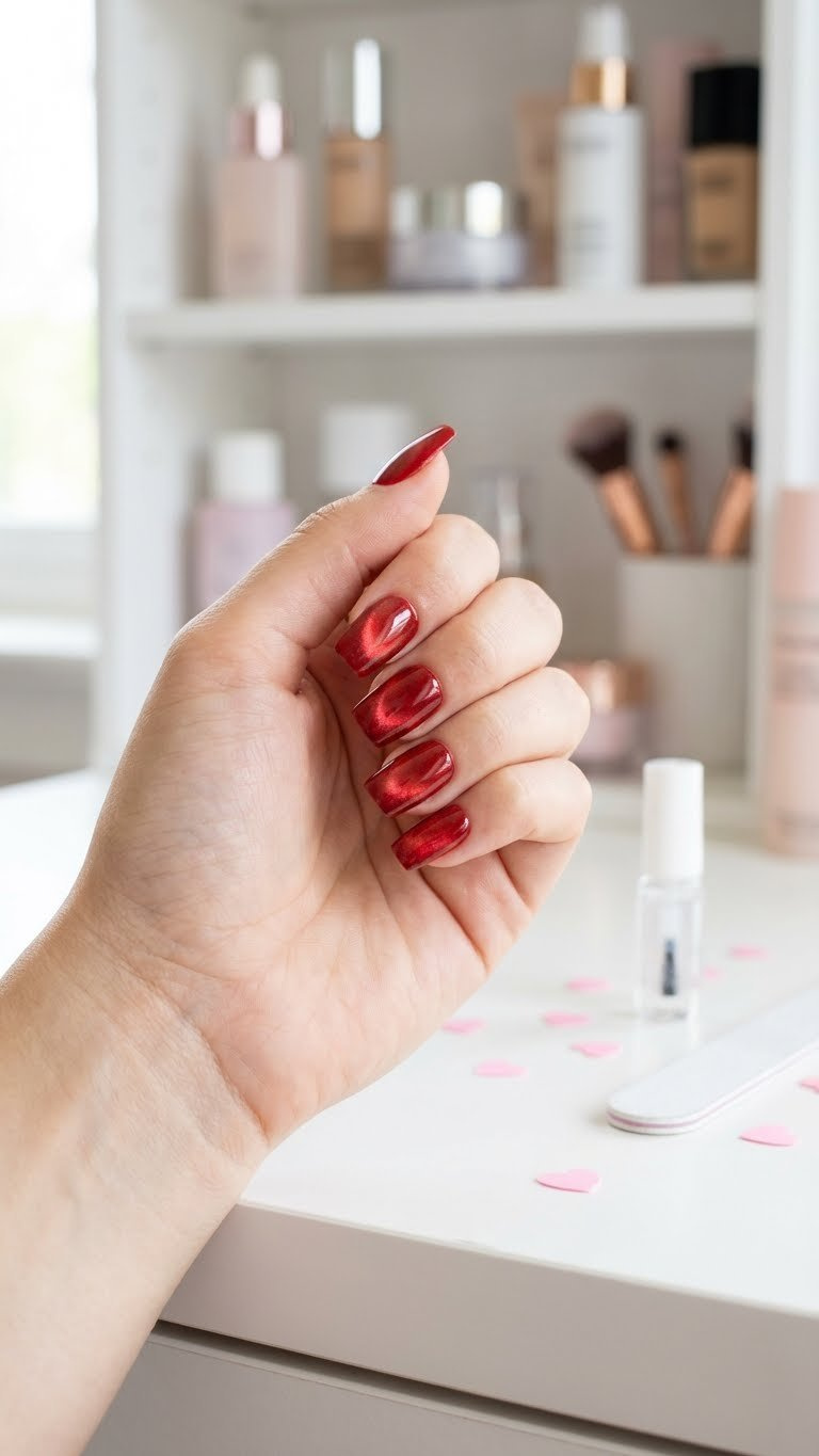 Red cat eye press on nails, medium square shape, on a bright vanity with nail file & heart confetti.