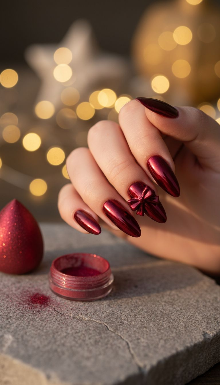 Red chrome almond nails with mirror-like finish, featuring a subtle dark red 3D bow, on a textured stone surface.