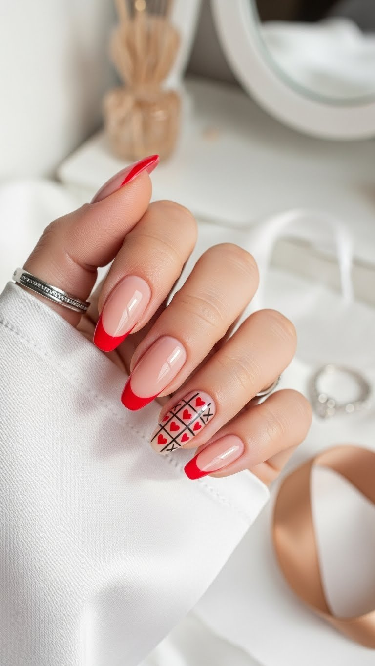 Red heart French tip almond nails, nude base, tic tac toe accent with tiny red hearts and white X's. Elegant nail art on white silk.