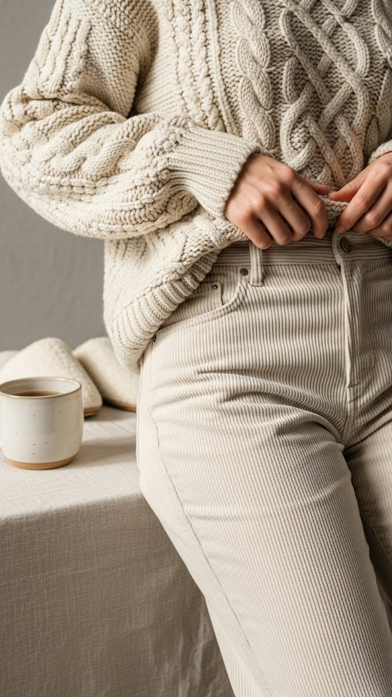 Relaxed monochromatic tomboy look: chunky cream cable knit sweater tucked into matching corduroy pants. Cozy textures.