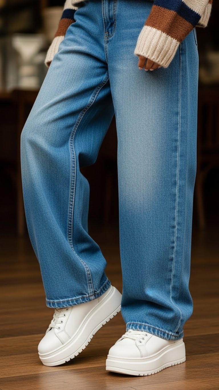 Relaxed tomboy style: baggy wide-leg denim jeans over chunky white platform sneakers, cozy knit sweater. Focus on denim texture.