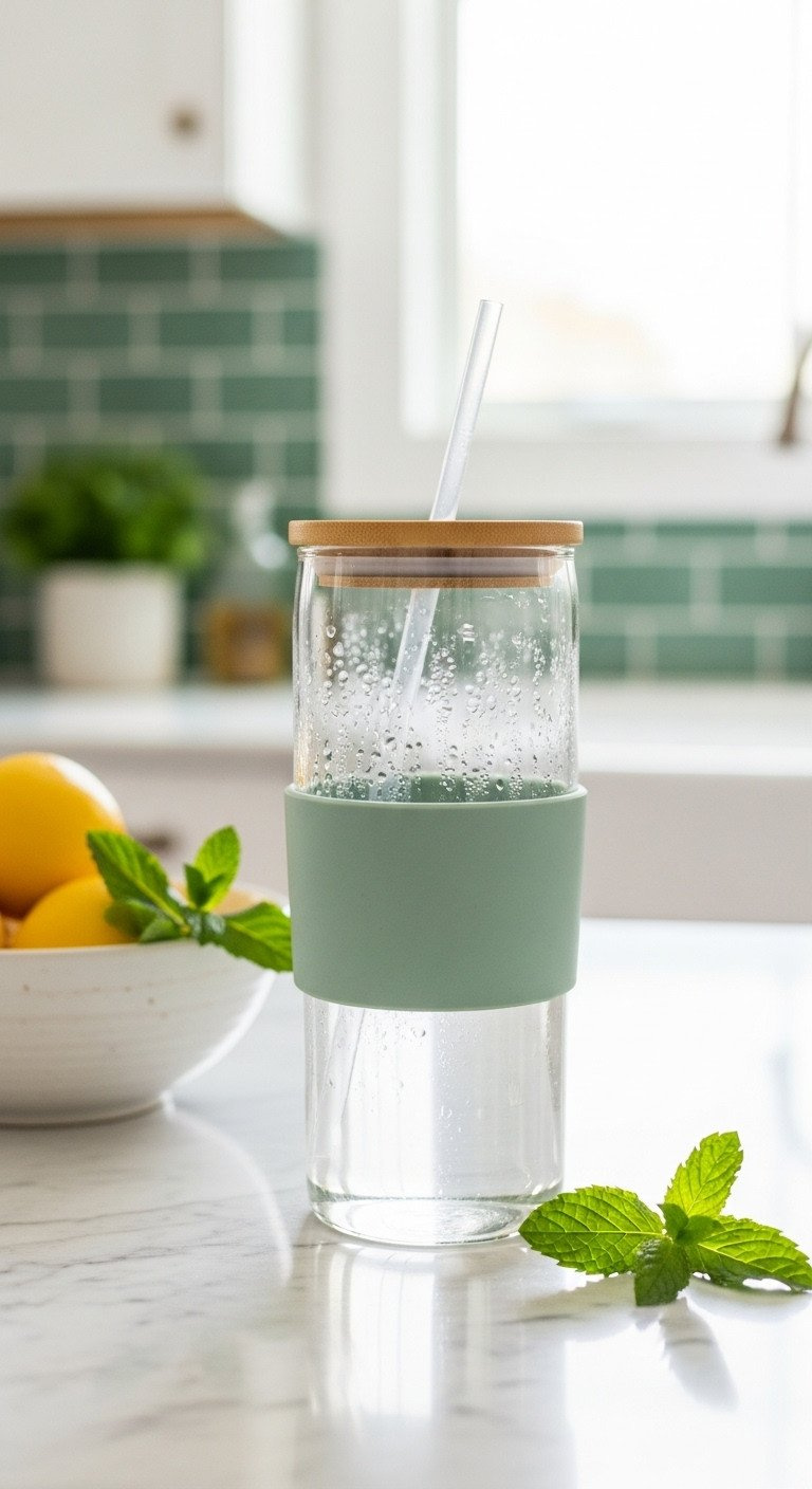Reusable glass water tumbler with a silicone sleeve and bamboo lid on a marble kitchen counter next to a bowl of lemons.