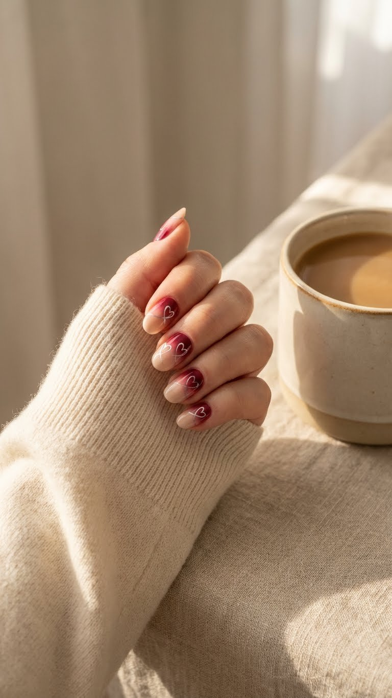 Reverse ombre nails: champagne nude to cranberry with delicate white heart outlines. Cozy scene with cashmere and coffee.