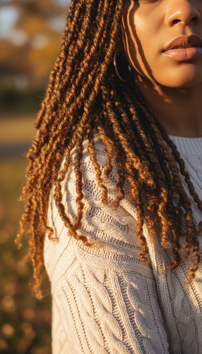 Rich, textured faux locs styled over the shoulder, highlighting depth and natural look. Elegant protective braids with gold hoop earrings.