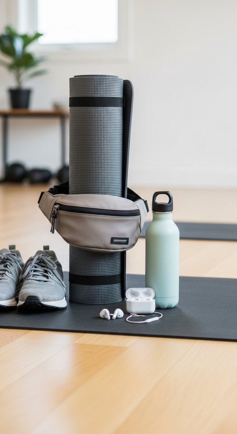 Rolled-up yoga mat, stylish belt bag, water bottle, and sneakers on a wood floor, ready for a home fitness workout.