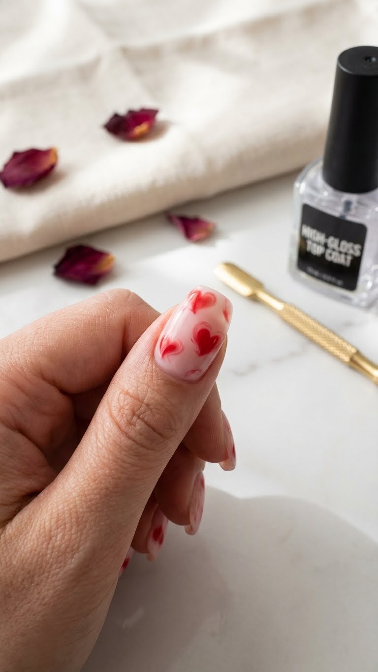 Romantic Valentine's Day blooming gel nail art with red diffused hearts on a white base, marble, roses. Gel manicure close-up.