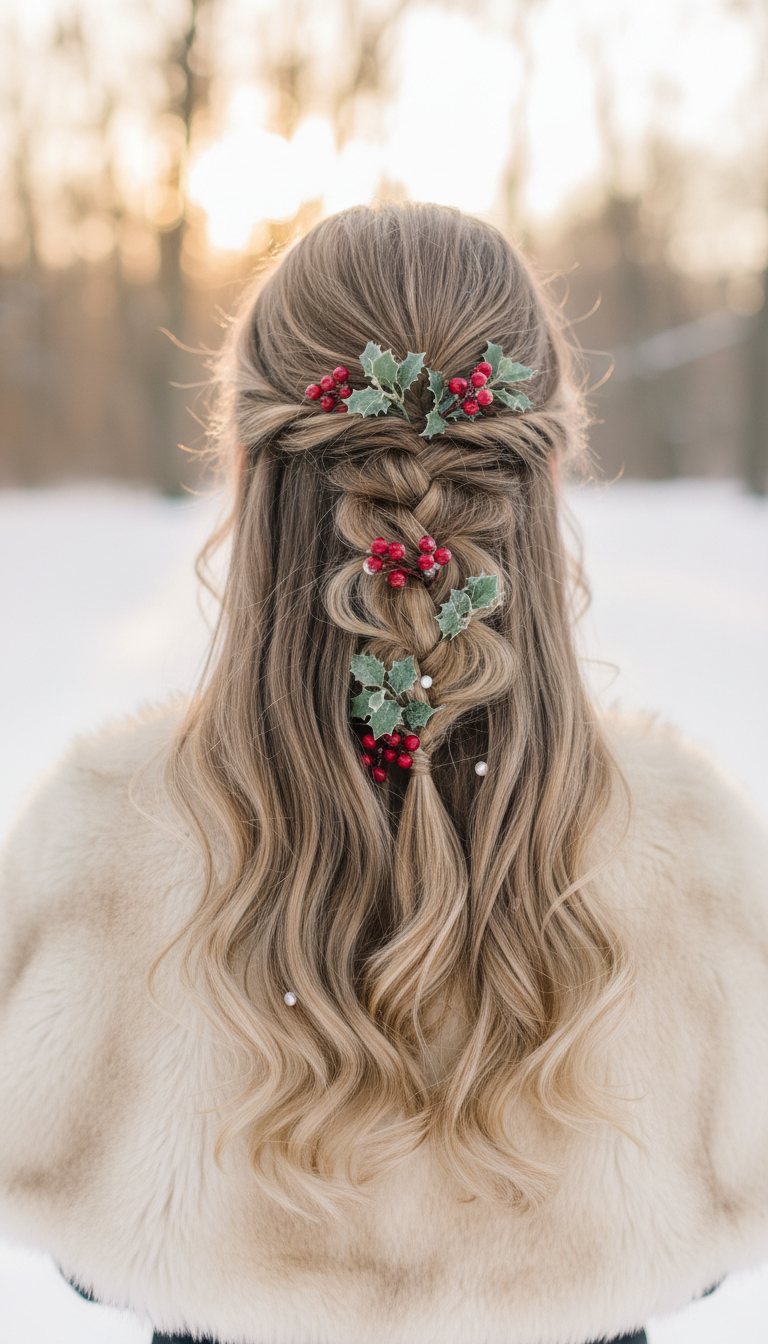 Romantic fishtail braid, half up half down style with wavy hair, adorned with winterberry holly, frosted greenery, and pearl pins.