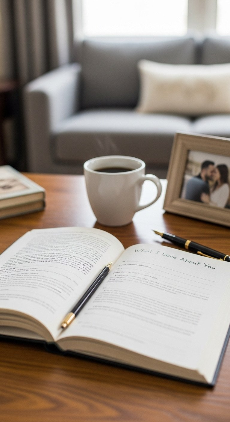 Romantic flat lay of an open 'What I Love About You' journal with a coffee mug and pen on a rustic wooden table.