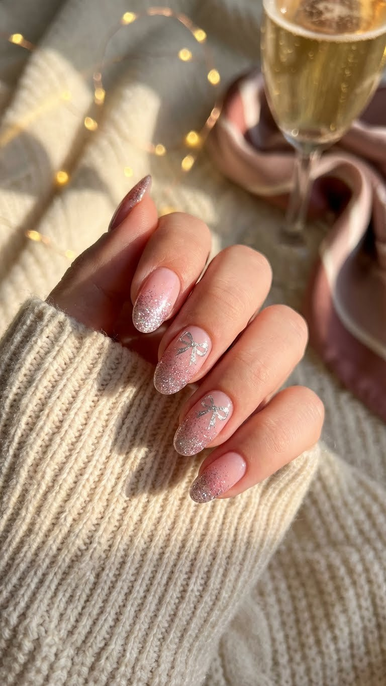 Romantic oval nails with soft pink ombré glitter gradient and delicate silver bow decals on accent nails for Valentine's Day.
