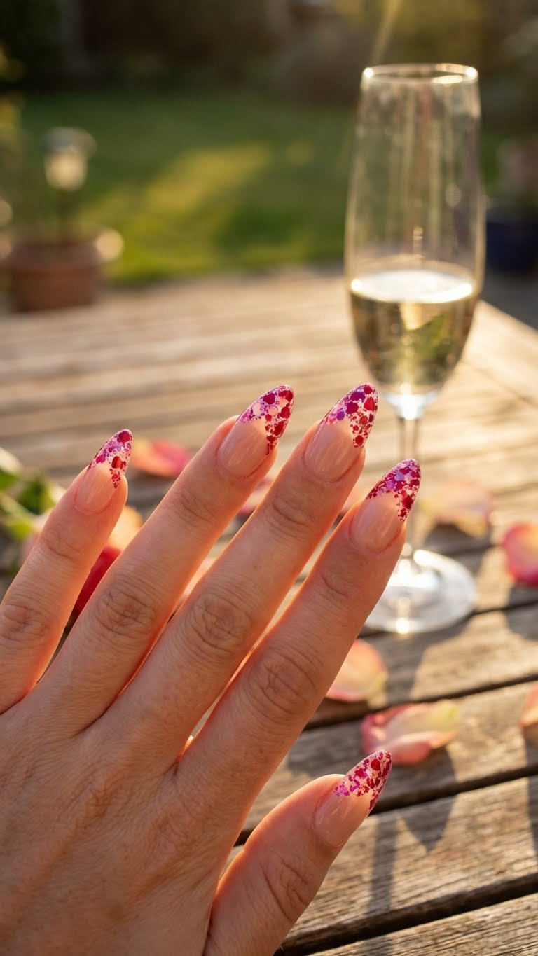 Romantic pink and red glitter heart tips on long almond nails. Opaque glitter design with rose petals on wood.