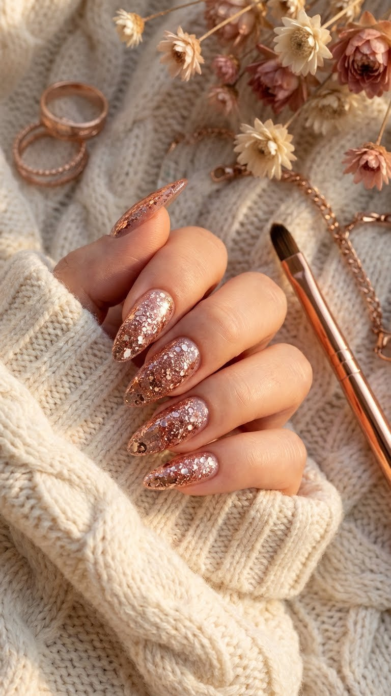 Rose gold glitter encapsulation nails: almond-shaped acrylic with embedded copper glitter. On cream knit, styled with dried flowers.