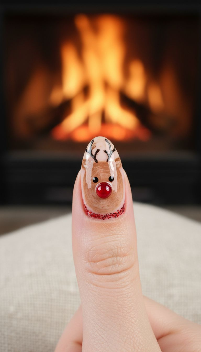 Rudolph the reindeer accent nail art with brown face, black antlers, bright red nose on beige linen.
