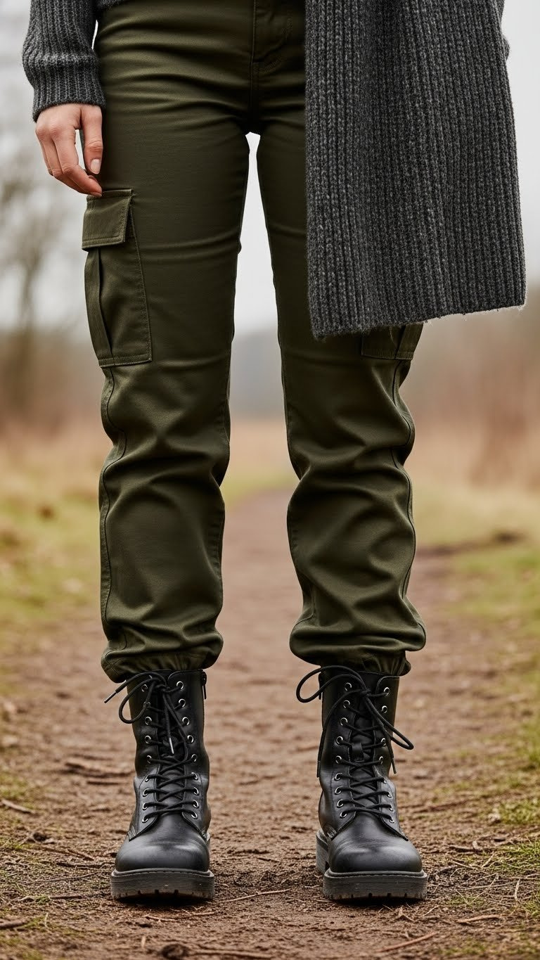 Rugged practical tomboy winter look: army green cargo pants, black combat boots, wool socks. Durable outdoor wear.