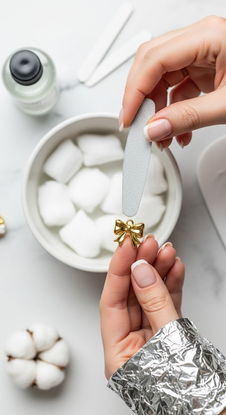 Safe 3D gold bow charm nail art removal in acetone, showing builder gel soak-off process. Professional protocol for healthy nails.