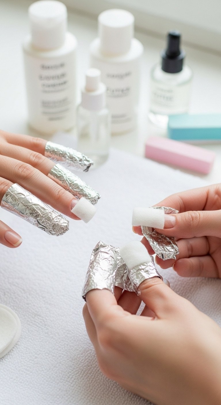 Safe gel nail removal process with aluminum foil wraps and acetone soak. Proper nail care steps.