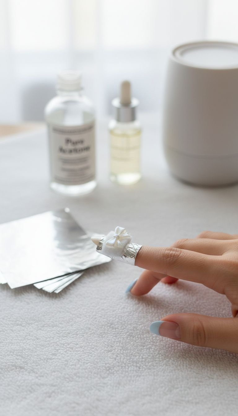 Safe removal of gel polish and a bow charm from an almond nail using acetone soak-off method. Nail care.