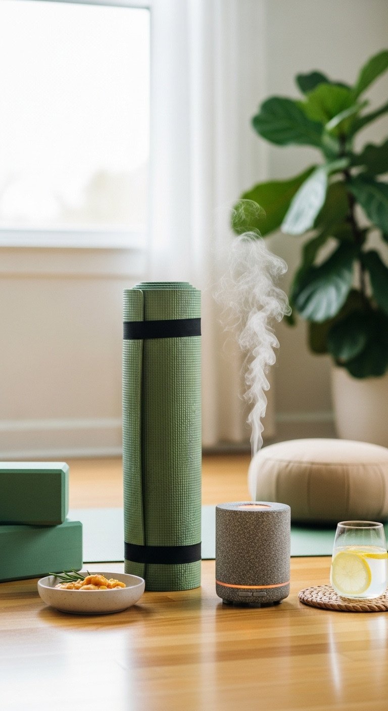 Sage green yoga mat and an essential oil diffuser on a wood floor, creating a serene setup for wellness and meditation.