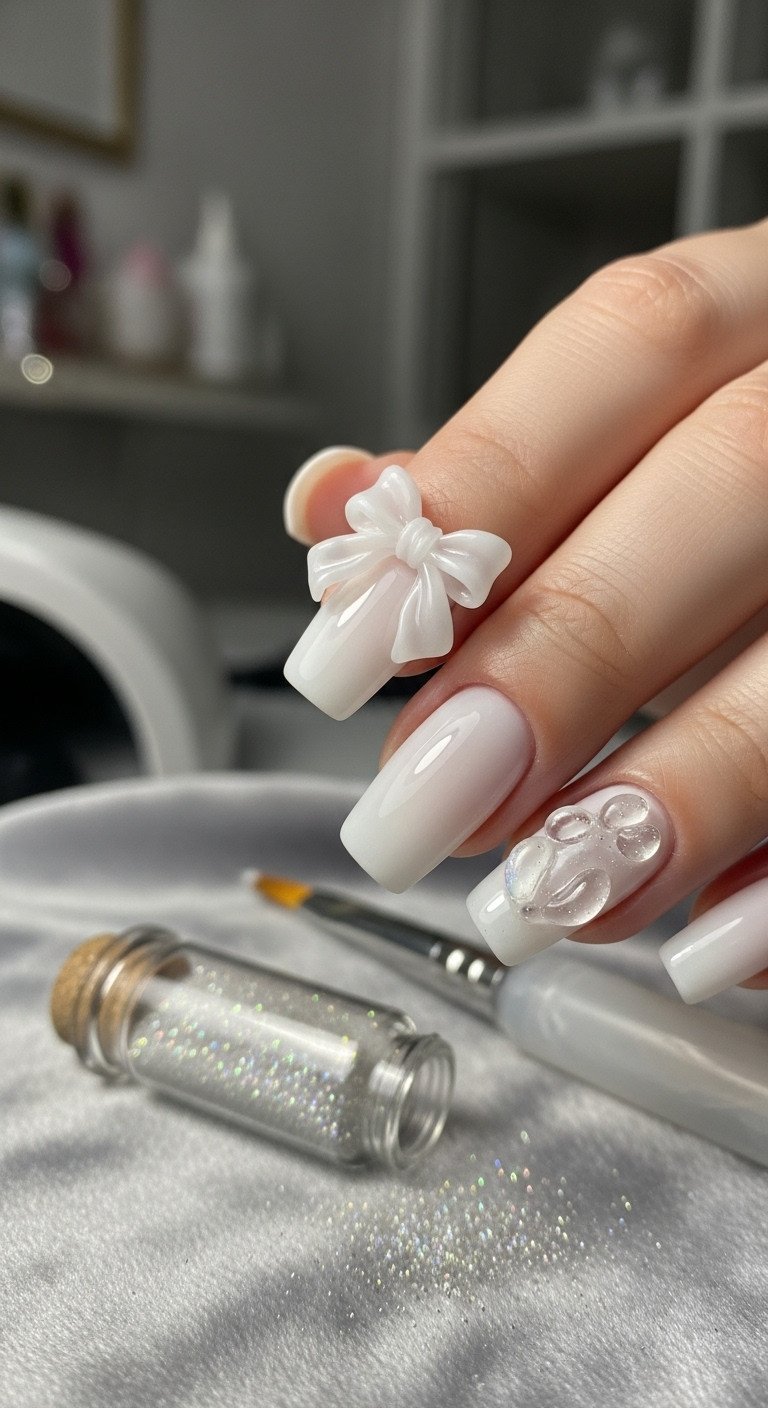 Sculpted 3D gel bow nails with milky white base, clear gel bow. Soft gray velvet, blurred nail station, sculpting brush.