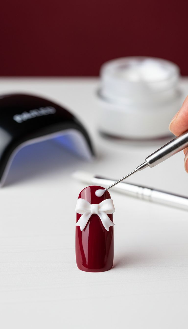 Sculpted 3D white builder gel bow on a dark red nail, shown mid-sculpting process with detail tool.