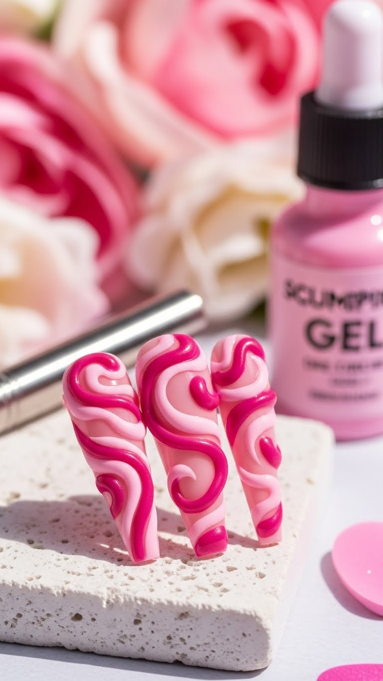 Sculptural 3D pink swirl stiletto nails with raised dark pink gel on a white stone surface, unique and glamorous.