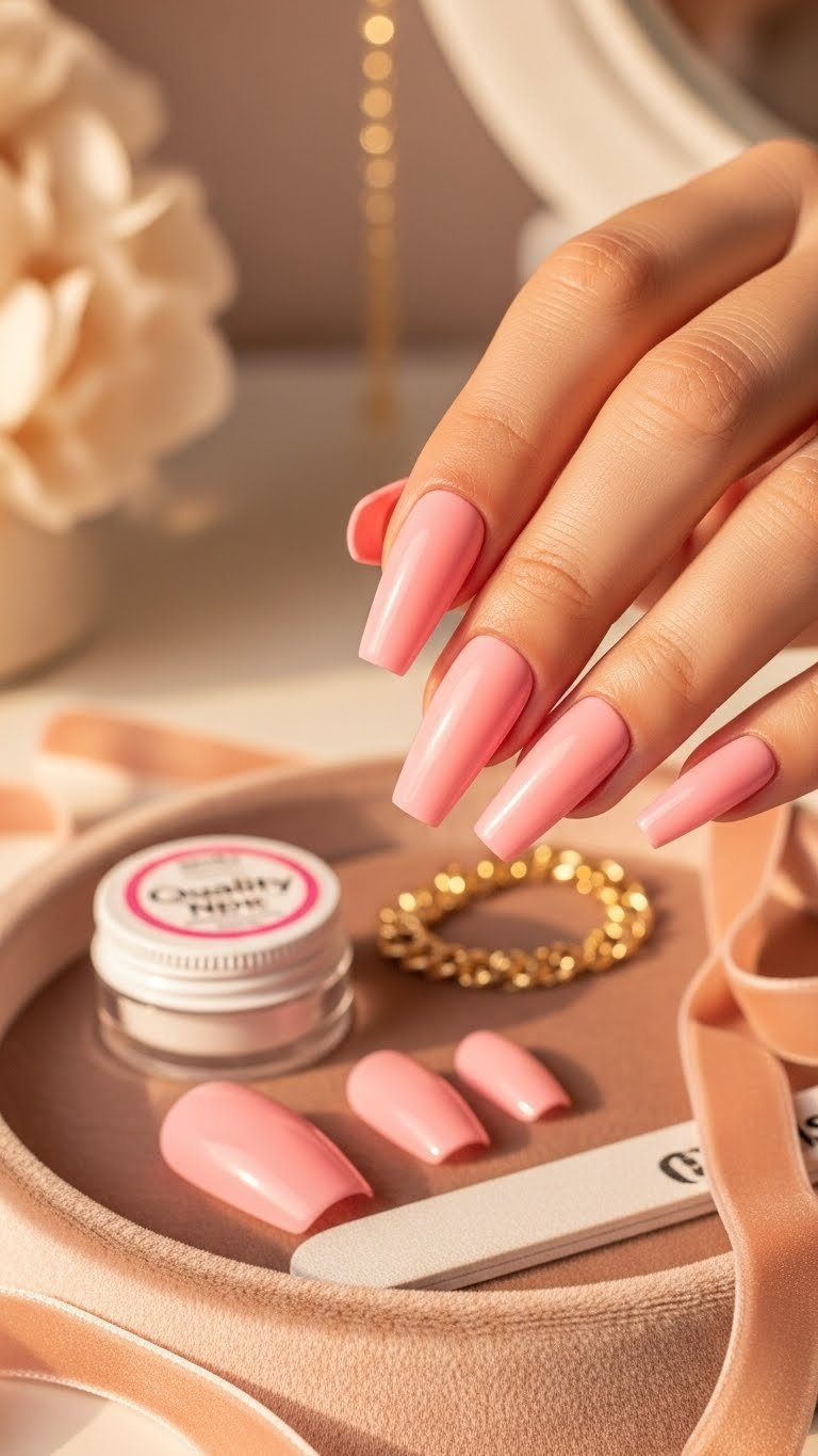 Seamless Pink Press-On Coffin Nails in soft bubblegum pink, perfectly shaped, with nail glue and a file on a velvet tray.