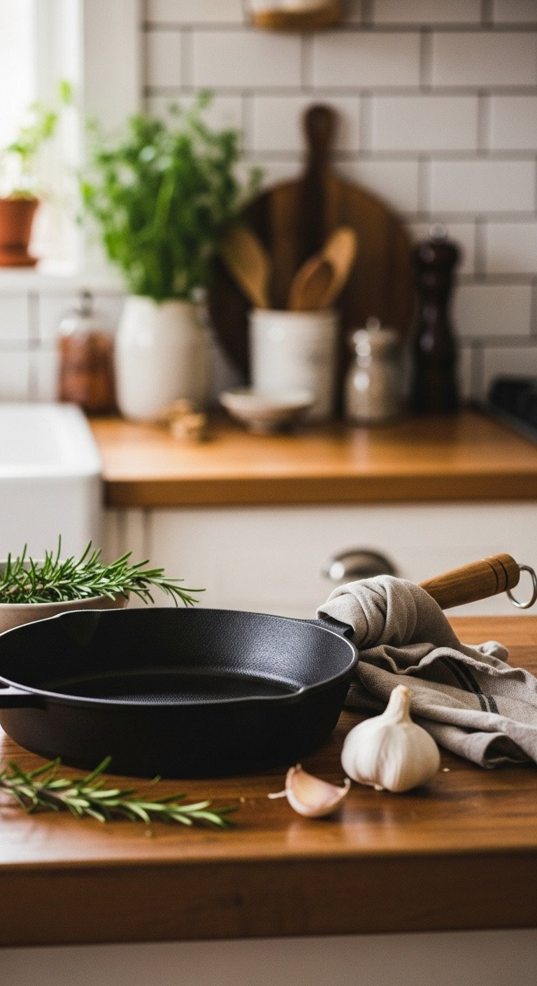 Seasoned cast iron skillet with a wood handle on a butcher block counter next to fresh rosemary and a head of garlic.