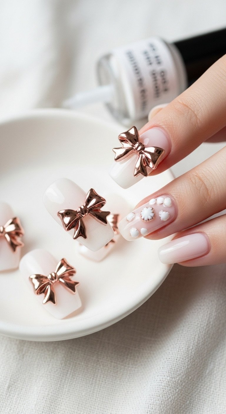 Secure 3D bow nail art encapsulation, showing smoothly sealed edges with high-shine topcoat for an anti-snag finish on a pink nail.