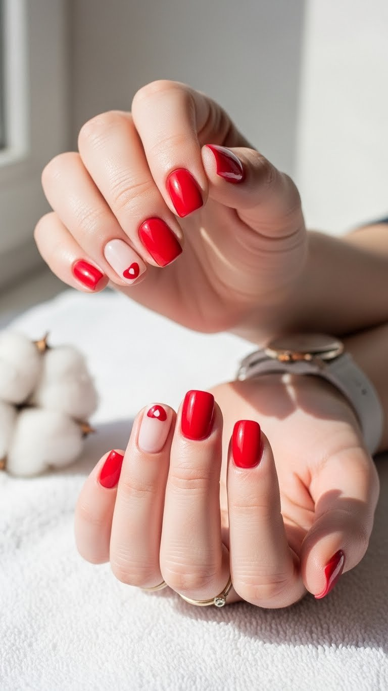 Serene short subtle red nails with white dot accent, simple watch & cotton on white towel, minimalist nail design.