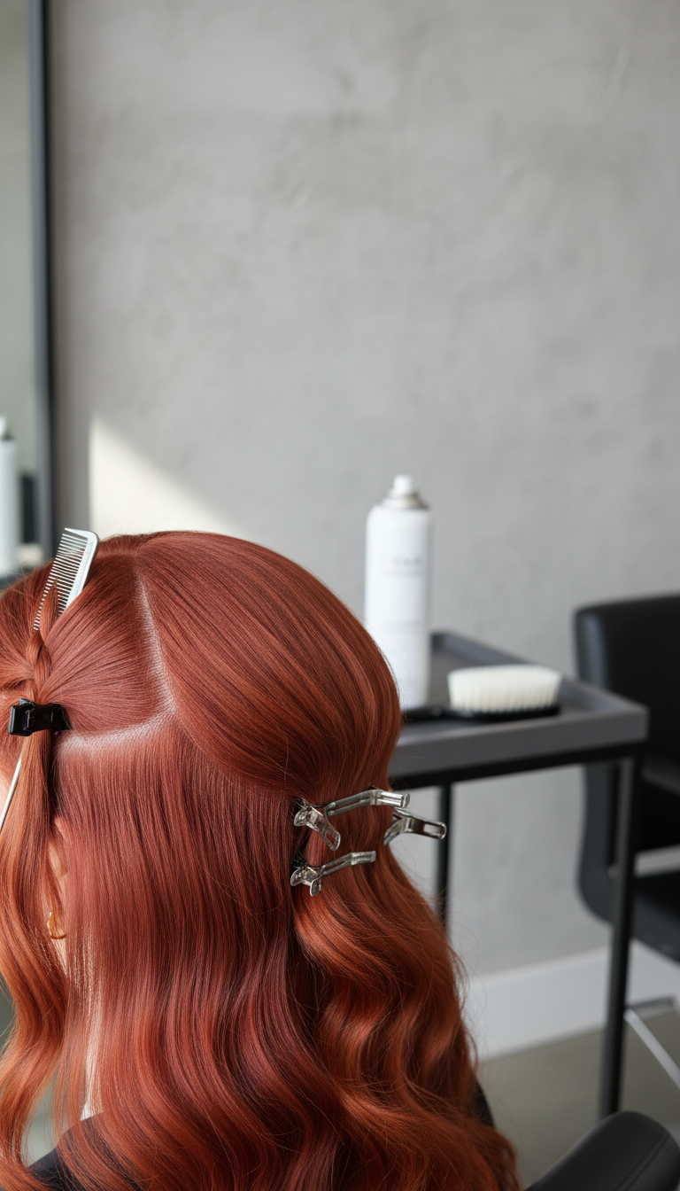 Sharp deep side parting on vibrant red hair, volumized roots, meticulously prepped for braiding. Salon setting with tools.
