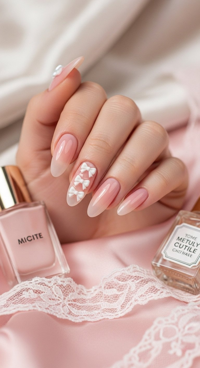 Sheer blush pink almond nails with stacked 3D white bows, delicate lace, cuticle oil, on pink satin fabric.