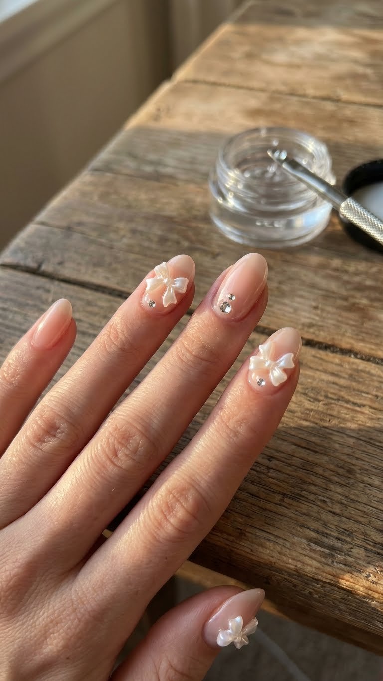 Sheer nude nails with miniature 3D pearlescent bow accents and tiny crystal jewels, elegantly displayed on rustic wood.