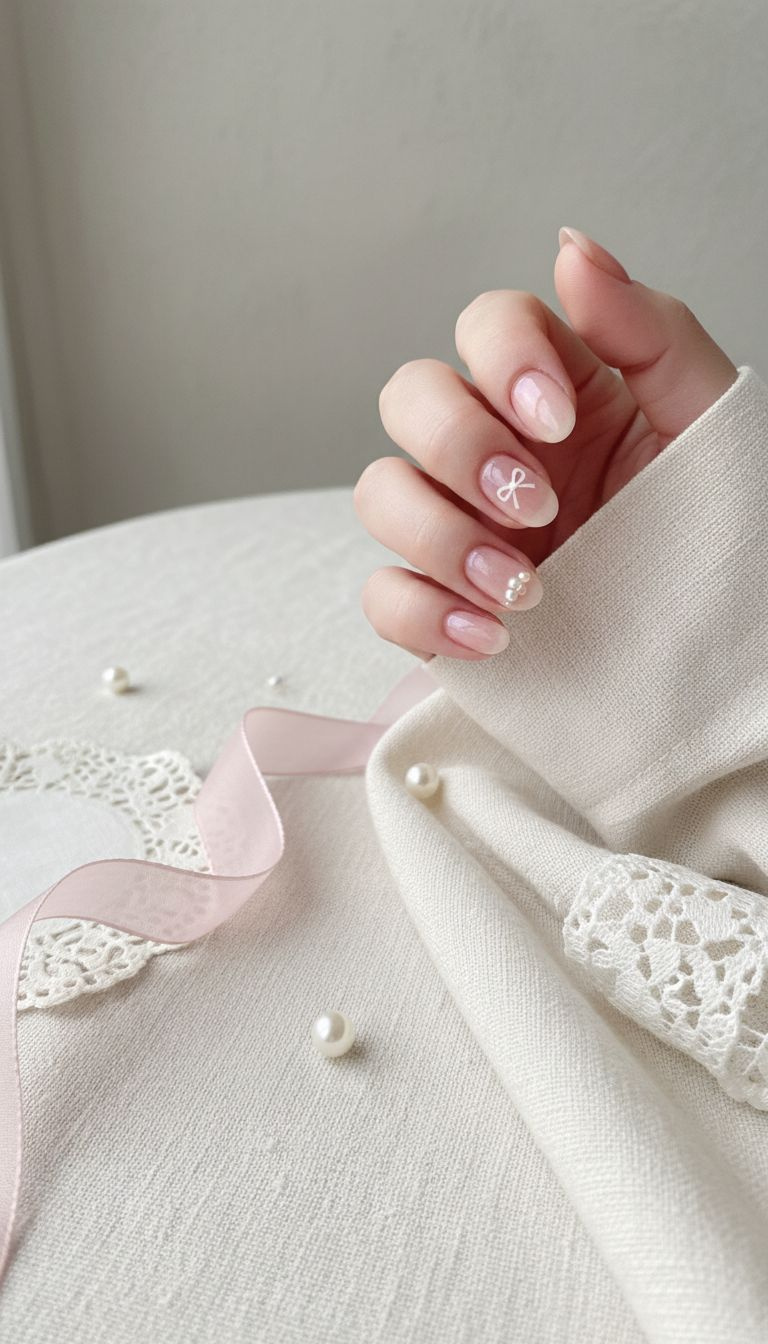 Sheer pink balletcore oval nails with a delicate white micro-bow and pearly accents. Dainty nail art on linen for a serene look.