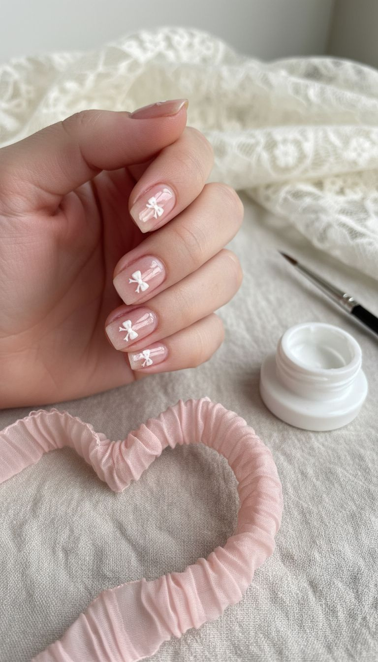Sheer pink nude nails with hand-painted white micro-bows near the cuticle, showing coquette nail art trend. Delicate manicure.