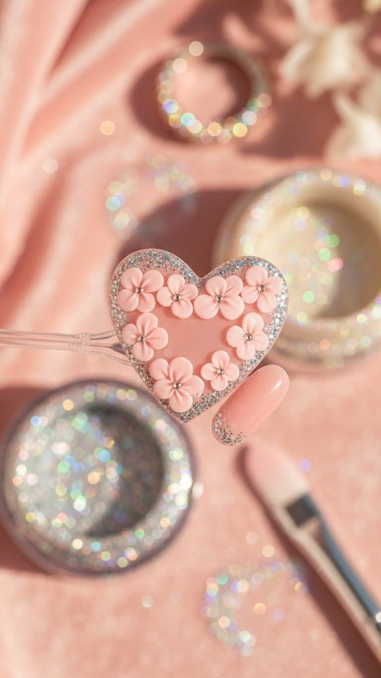 Shimmering pink blooming gel design with holographic silver glitter border. Festive dazzling gel manicure, pink velvet background.