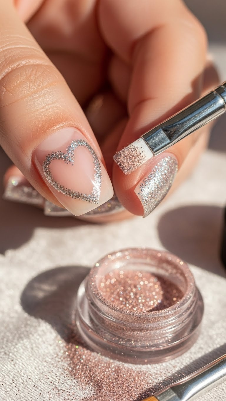 Shimmering silver glitter outlines a negative space heart nail design on a nude nail. Reflective, festive glitter nail art close-up.