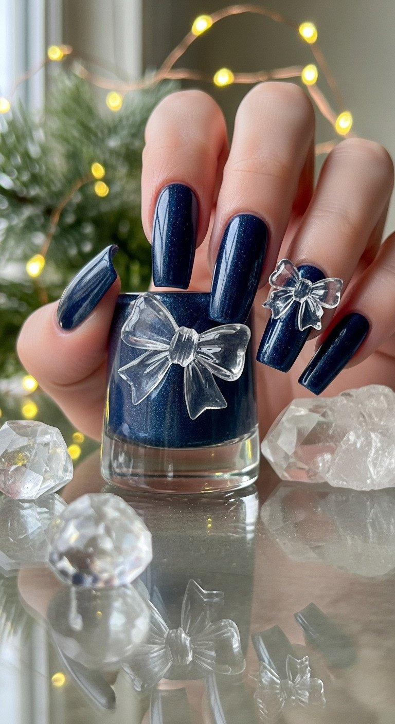 Shimmery navy nails with a clear, crystalline 3D resin bow; sophisticated transparent nail art with quartz crystals.