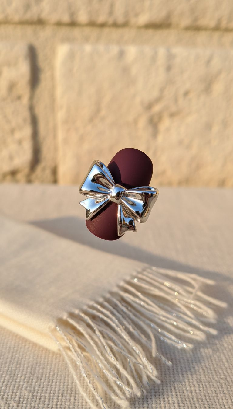 Shining metallic silver 3D chrome bow on a matte burgundy nail, highlighting intricate luxury nail art and elegant design.