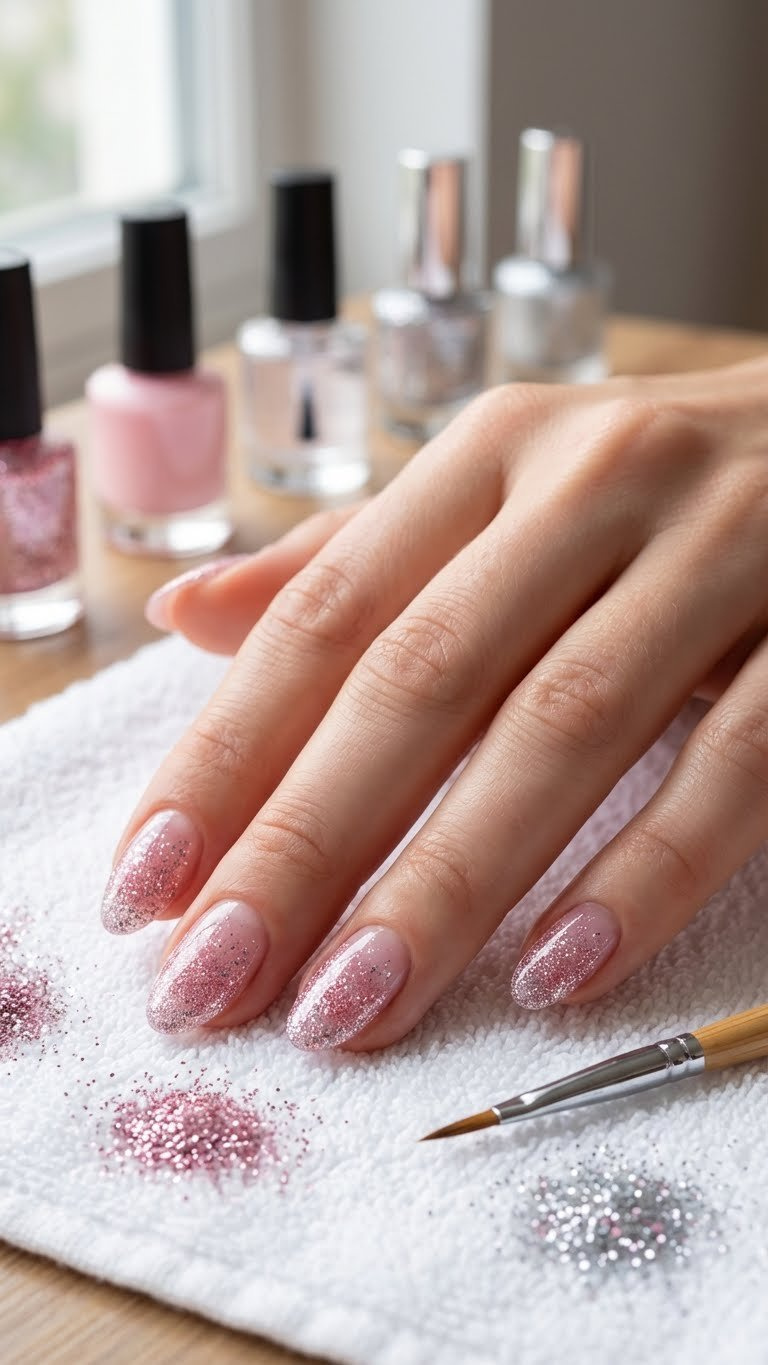 Short almond gel nails featuring a beautiful encapsulated pink and silver glitter gradient with clear overlay, on a soft white towel.
