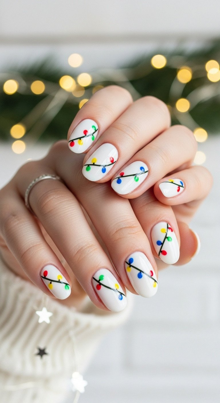 Short almond nails with festive Christmas lights design, colorful dots on white base, holiday manicure with silver stars.