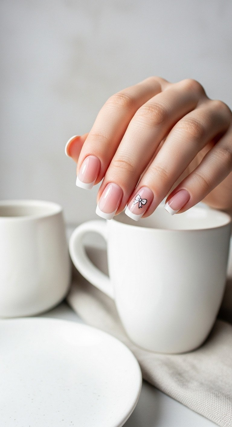 Short baby pink French tip nails with a tiny bow decal, on white porcelain, with a ceramic mug and linen napkin.